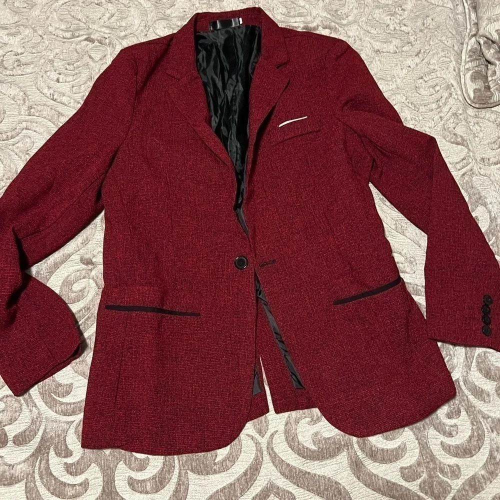 Women's Tweed Herringbone Blazer Jacket - Wine Red Classic Vintage, Size L